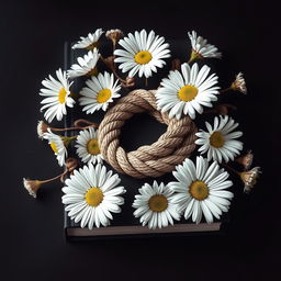 A realistic rope with intricate details placed centrally on the book cover, surrounded by a flourishing arrangement of daisy flowers with twisted, veiny blooms