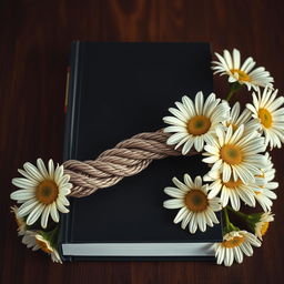 A realistic rope with intricate details placed centrally on the book cover, surrounded by a flourishing arrangement of daisy flowers with twisted, veiny blooms