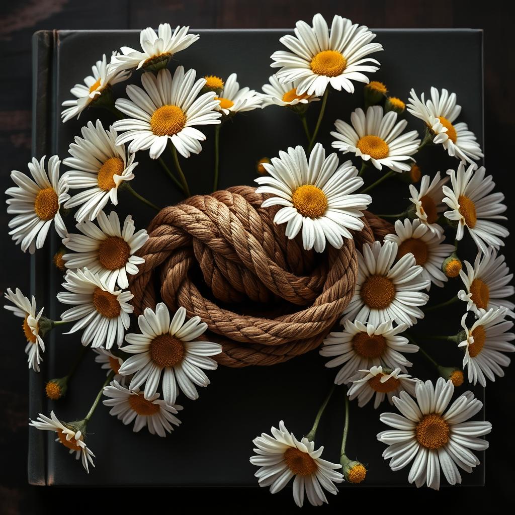 A realistic rope with intricate details placed centrally on the book cover, surrounded by a flourishing arrangement of daisy flowers with twisted, veiny blooms