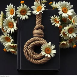 A realistic rope with intricate details placed centrally on the book cover, surrounded by a flourishing arrangement of daisy flowers with twisted, veiny blooms