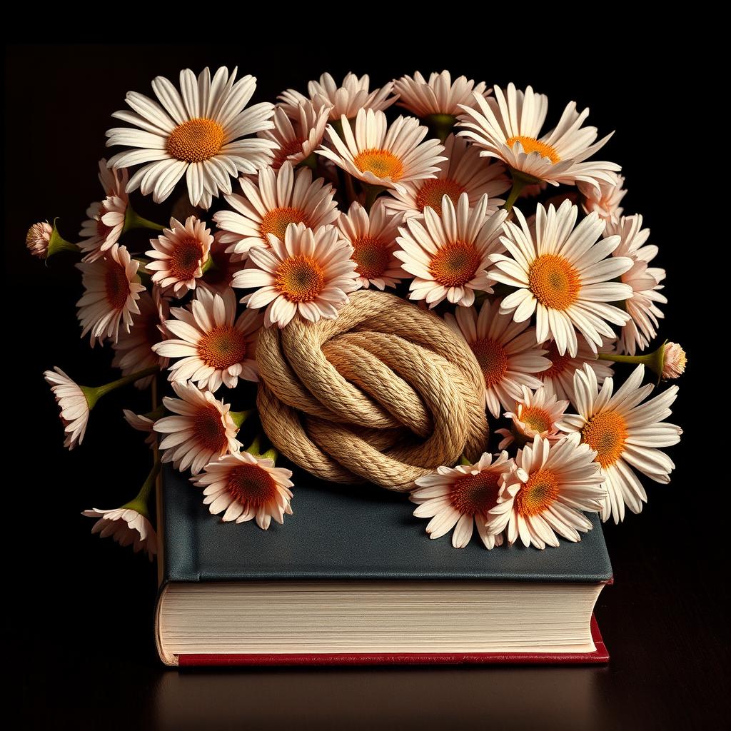 A realistic rope with intricate details placed centrally on the book cover, surrounded by a flourishing arrangement of daisy flowers with twisted, veiny blooms