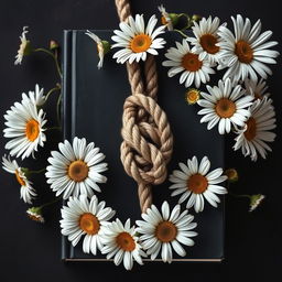 A realistic rope with intricate details placed centrally on the book cover, surrounded by a flourishing arrangement of daisy flowers with twisted, veiny blooms