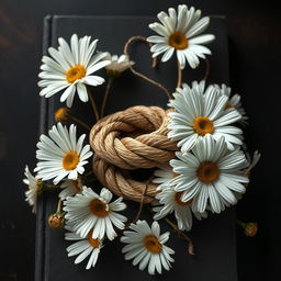 A realistic rope with intricate details placed centrally on the book cover, surrounded by a flourishing arrangement of daisy flowers with twisted, veiny blooms