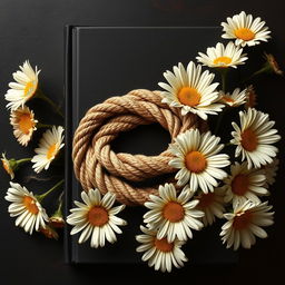 A realistic rope with intricate details placed centrally on the book cover, surrounded by a flourishing arrangement of daisy flowers with twisted, veiny blooms