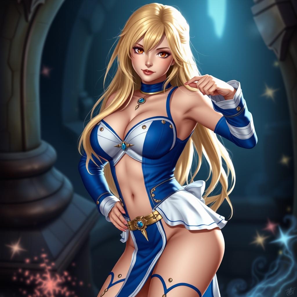 A sexy cosplay of Lucy Heartfilia from Fairy Tail, striking a confident and alluring pose