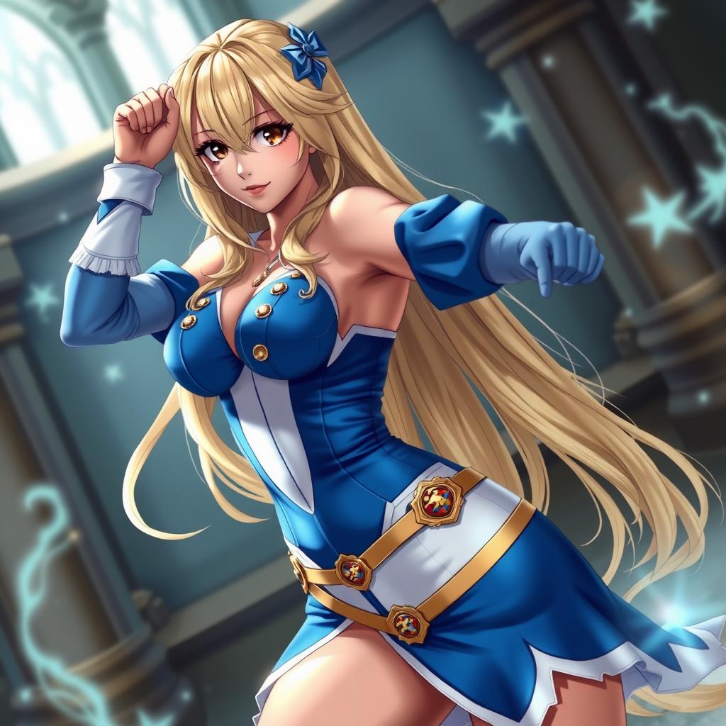 A sexy cosplay of Lucy Heartfilia from Fairy Tail, striking a confident and alluring pose