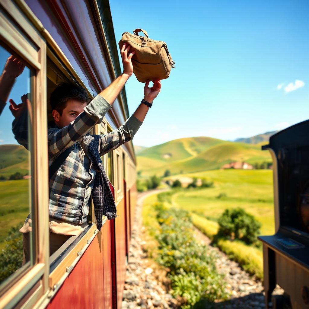 A Caucasian man energetically tossing a small travel bag out of the window of a moving train, set against a scenic countryside landscape