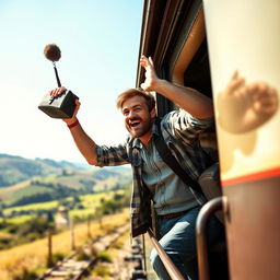 A Caucasian man energetically tossing a small travel bag out of the window of a moving train, set against a scenic countryside landscape