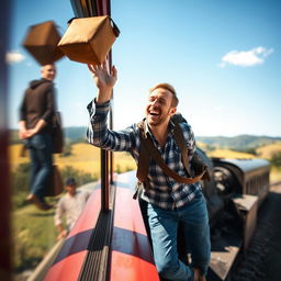 A Caucasian man energetically tossing a small travel bag out of the window of a moving train, set against a scenic countryside landscape