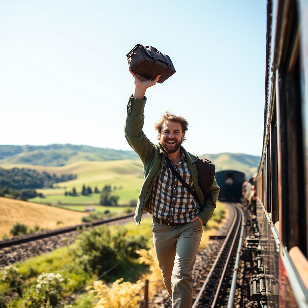 A Caucasian man energetically tossing a small travel bag out of the window of a moving train, set against a scenic countryside landscape