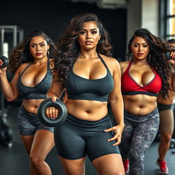 A group of voluptuous, curvaceous BBW fitness women with alluring faces, posing confidently in fitness attire that accentuates their ample busts and shapely bodies