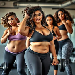 A group of voluptuous, curvaceous BBW fitness women with alluring faces, posing confidently in fitness attire that accentuates their ample busts and shapely bodies