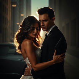 An elegant couple embracing in a shadowy urban setting