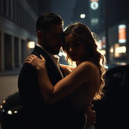 An elegant couple embracing in a shadowy urban setting