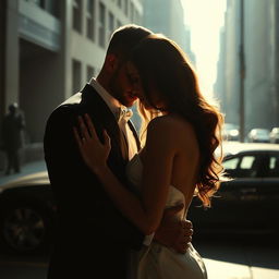 An elegant couple embracing in a shadowy urban setting