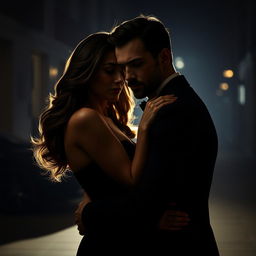 An elegant couple embracing in a shadowy urban setting