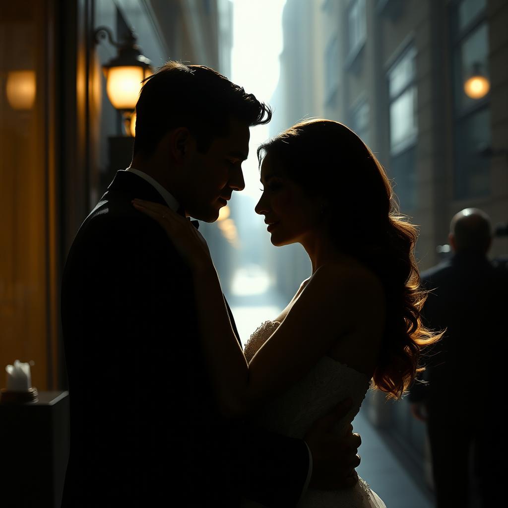 An elegant couple embracing in a shadowy urban setting