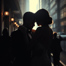 An elegant couple embracing in a shadowy urban setting