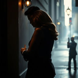 An elegant couple embracing in a shadowy urban setting