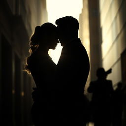 The silhouette of an elegant couple embracing in a shadowy urban setting