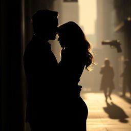 The silhouette of an elegant couple embracing in a shadowy urban setting