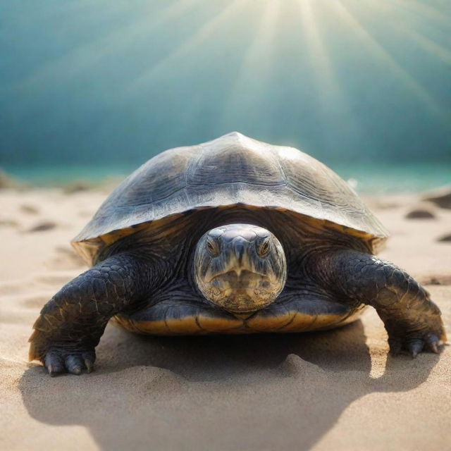 A detailed, lifelike image of a turtle in its natural habitat, the shell glimmering under the sunlight.