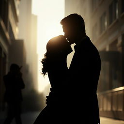 The silhouette of an elegant couple embracing in a shadowy urban setting