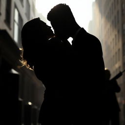 The silhouette of an elegant couple embracing in a shadowy urban setting