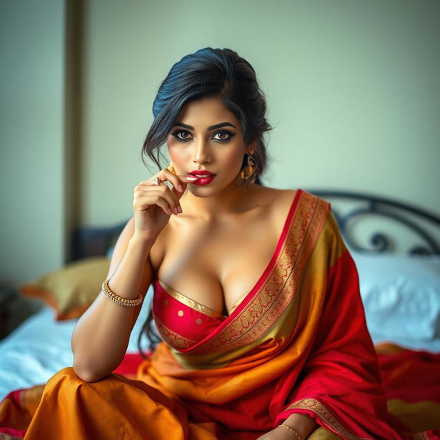 A beautiful Pakistani woman in a revealing and sexy sari, elegantly displaying her cleavage