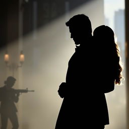 The silhouette of an elegant couple embracing in a shadowy urban setting