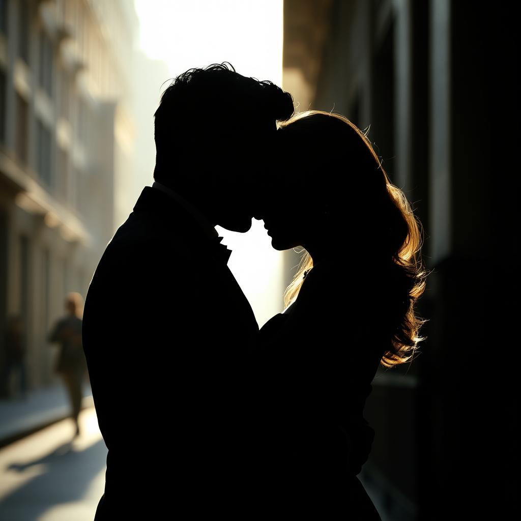 The silhouette of an elegant couple embracing in a shadowy urban setting