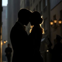 The silhouette of an elegant couple embracing in a shadowy urban setting