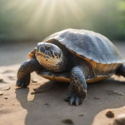 A detailed, lifelike image of a turtle in its natural habitat, the shell glimmering under the sunlight.