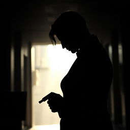 The silhouette of an elegant couple embracing in a shadowy urban setting