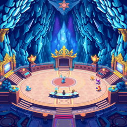 A Pokémon battlefield designed in pixel art style, featuring an Elite Four arena