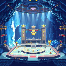 A Pokémon battlefield designed in pixel art style, featuring an Elite Four arena