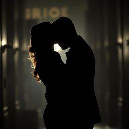 The silhouette of an elegant couple embracing in a shadowy urban setting