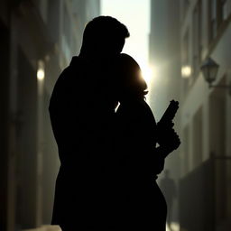 The silhouette of an elegant couple embracing in a shadowy urban setting