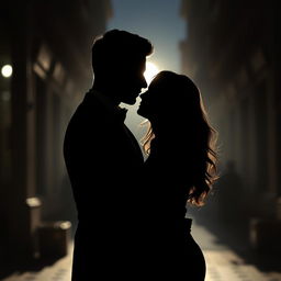 The silhouette of an elegant couple embracing in a shadowy urban setting