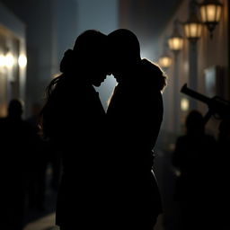 The silhouette of an elegant couple embracing in a shadowy urban setting