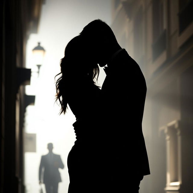 The silhouette of an elegant couple embracing in a shadowy urban setting