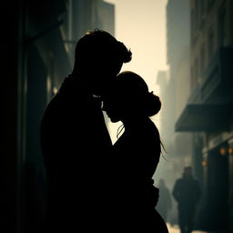 The silhouette of an elegant couple embracing in a shadowy urban setting