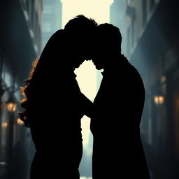 The silhouette of an elegant couple embracing in a shadowy urban setting