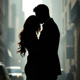 The silhouette of an elegant couple embracing in a shadowy urban setting