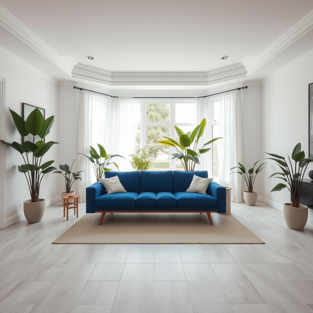 A chic living room featuring a pristine white ceiling and walls painted in Comex 270-03, offering a unique and tranquil atmosphere