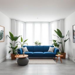 A chic living room featuring a pristine white ceiling and walls painted in Comex 270-03, offering a unique and tranquil atmosphere