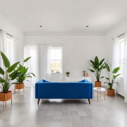 A chic living room featuring a pristine white ceiling and walls painted in Comex 270-03, offering a unique and tranquil atmosphere