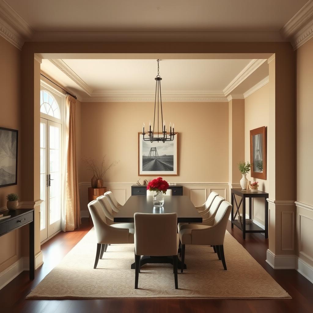 A sophisticated dining room with walls painted in a subtle and warm #AA9584 hue, creating an elegant and inviting setting