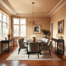 A sophisticated dining room with walls painted in a subtle and warm #AA9584 hue, creating an elegant and inviting setting