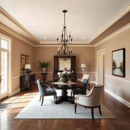 A sophisticated dining room with walls painted in a subtle and warm #AA9584 hue, creating an elegant and inviting setting